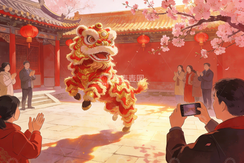 高清大图下载【趣麦麦图】传统舞狮表演热闹场景