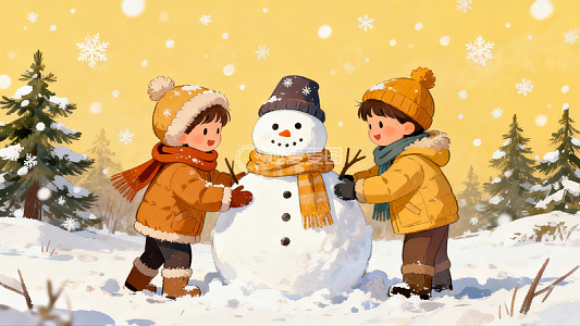 两个孩子堆雪人欢乐冬景