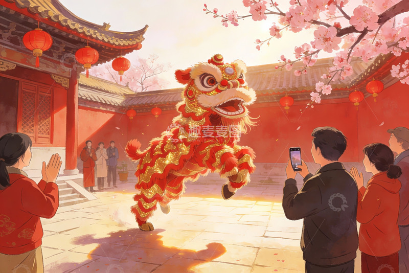 高清大图下载【趣麦麦图】传统舞狮表演热闹场景