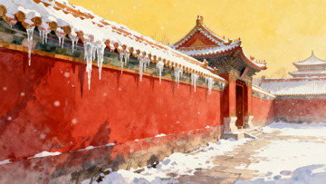 雪中红墙古建筑