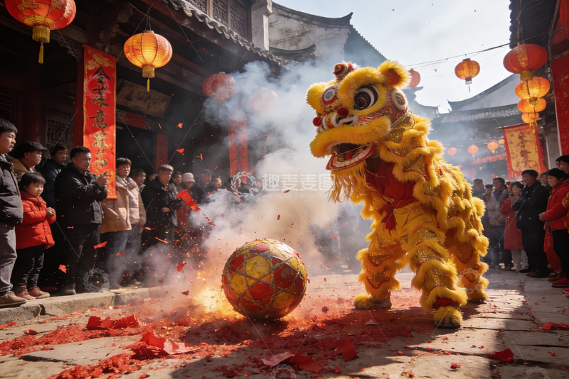 高清大图下载【趣麦麦图】舞狮表演热闹非凡