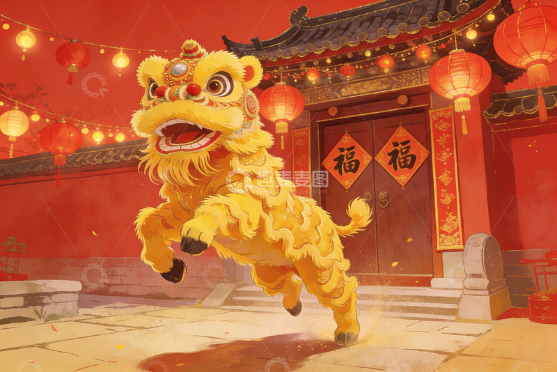 高清大图下载【趣麦麦图】金狮舞动迎新春