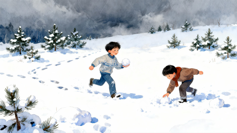 高清大图下载【趣麦麦图】雪地里两个男孩玩耍打雪仗