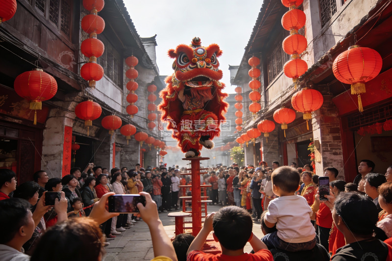高清大图下载【趣麦麦图】古街舞狮表演热闹非凡