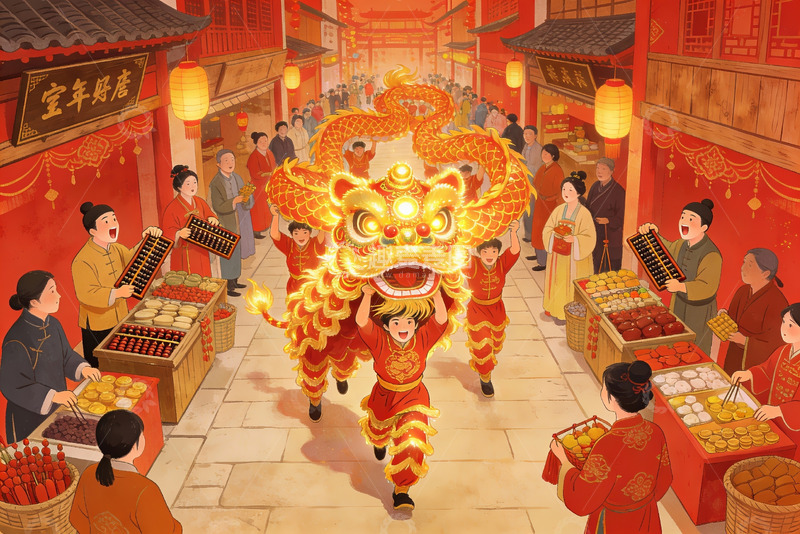 高清大图下载【趣麦麦图】热闹街市舞狮庆新春