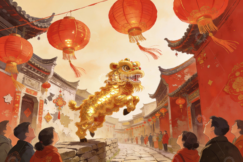 高清大图下载【趣麦麦图】春节舞狮热闹街景