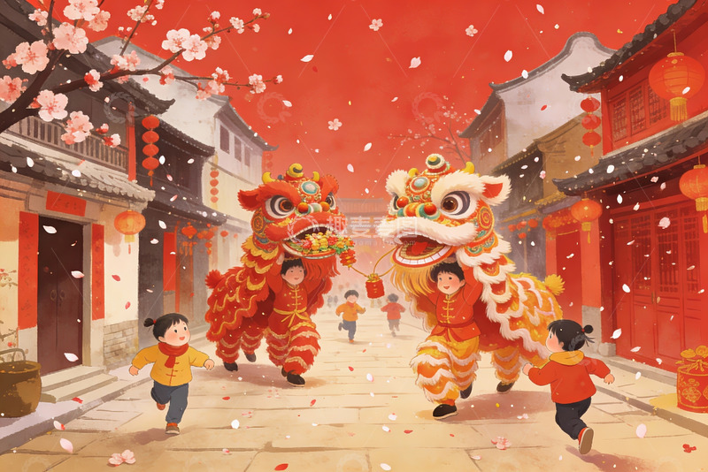 高清大图下载【趣麦麦图】春节舞狮街头欢庆场景