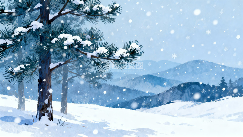 高清大图下载【趣麦麦图】雪落松林远山静谧冬景