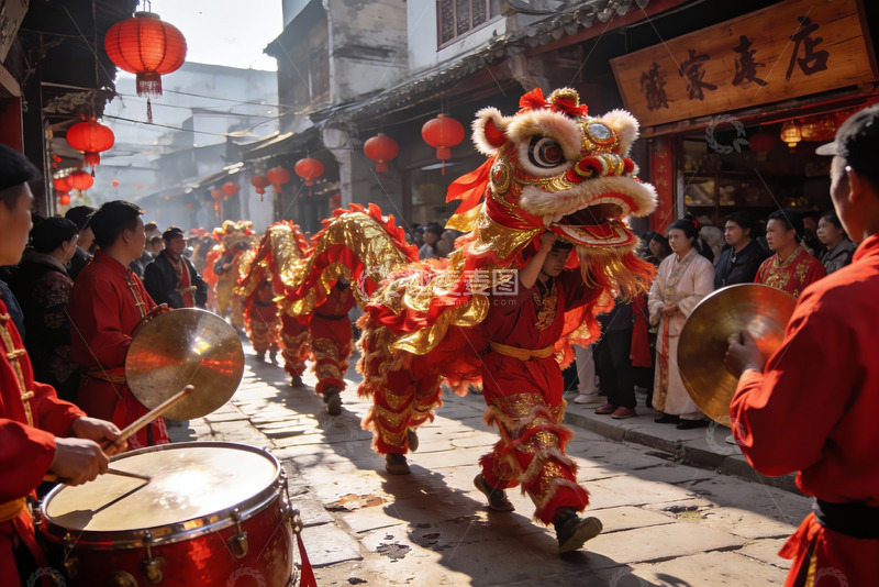 高清大图下载【趣麦麦图】街头舞狮表演热闹非凡