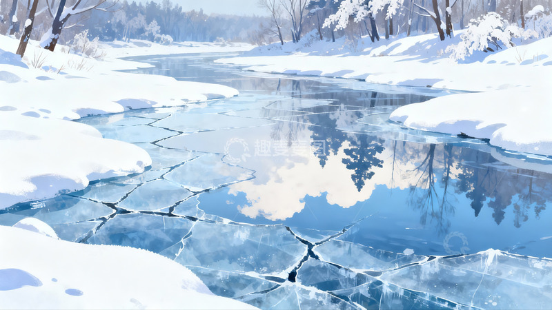 高清大图下载【趣麦麦图】冰封河流雪景冬日画卷