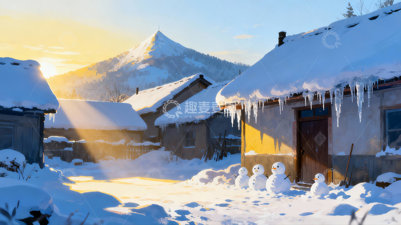 高清大图下载【趣麦麦图】雪后山村晨曦景象