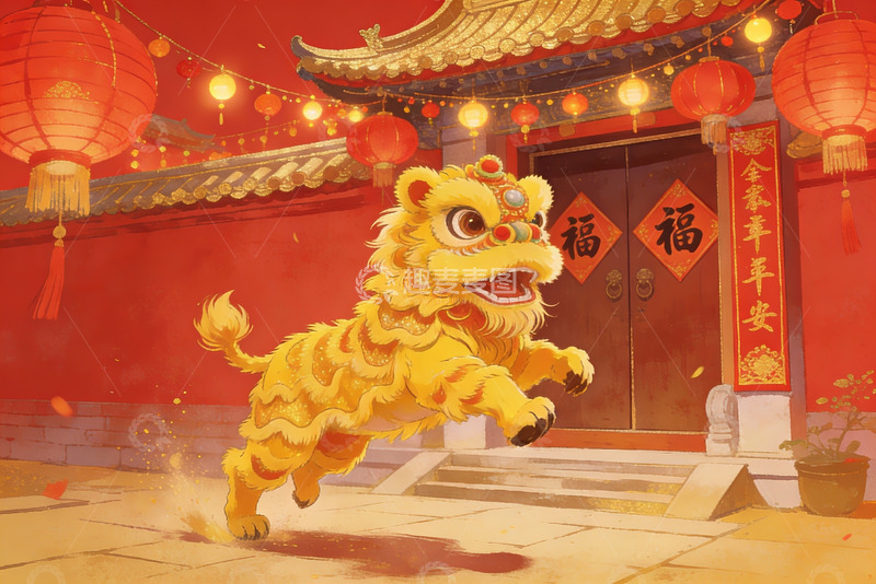 高清大图下载【趣麦麦图】舞狮迎春贺岁场景