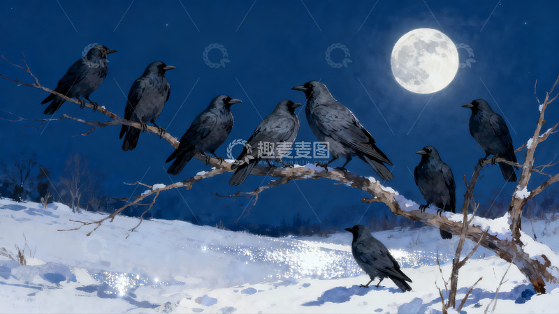 高清大图下载【趣麦麦图】月夜雪枝鸦群栖息图