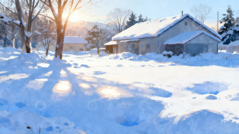 高清大图下载【趣麦麦图】雪后阳光照耀下的乡村房屋