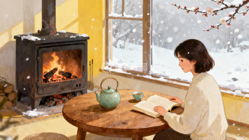 高清大图下载【趣麦麦图】冬日暖炉旁阅读的温馨场景