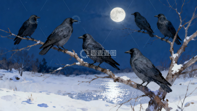 高清大图下载【趣麦麦图】雪夜月光下栖息的乌鸦群