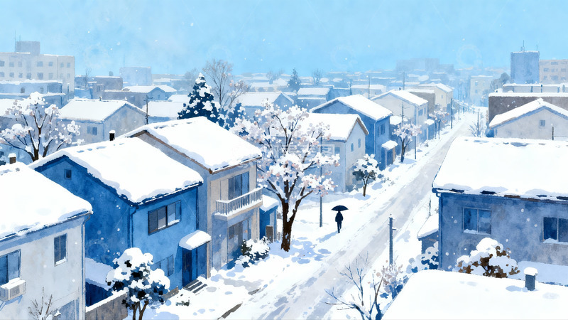高清大图下载【趣麦麦图】雪后蓝调小镇街景