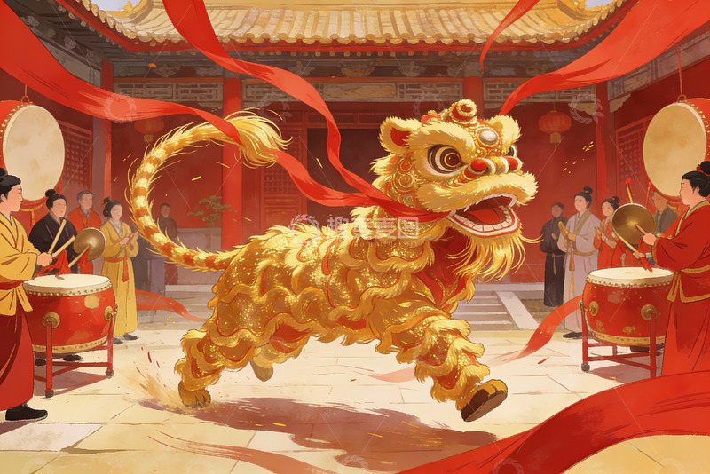 高清大图下载【趣麦麦图】金色舞狮表演热闹非凡