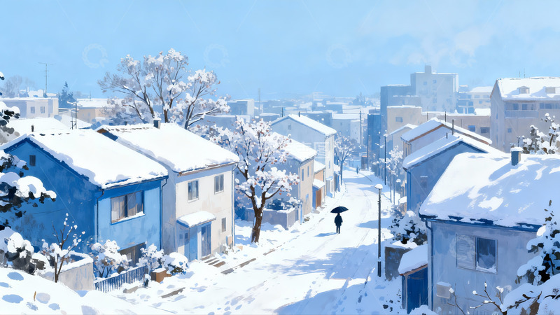 高清大图下载【趣麦麦图】雪后小镇街景行人漫步