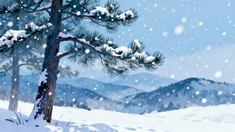 高清大图下载【趣麦麦图】雪落松枝山景冬日画卷