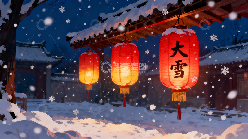 高清大图下载【趣麦麦图】雪夜古建筑红灯笼