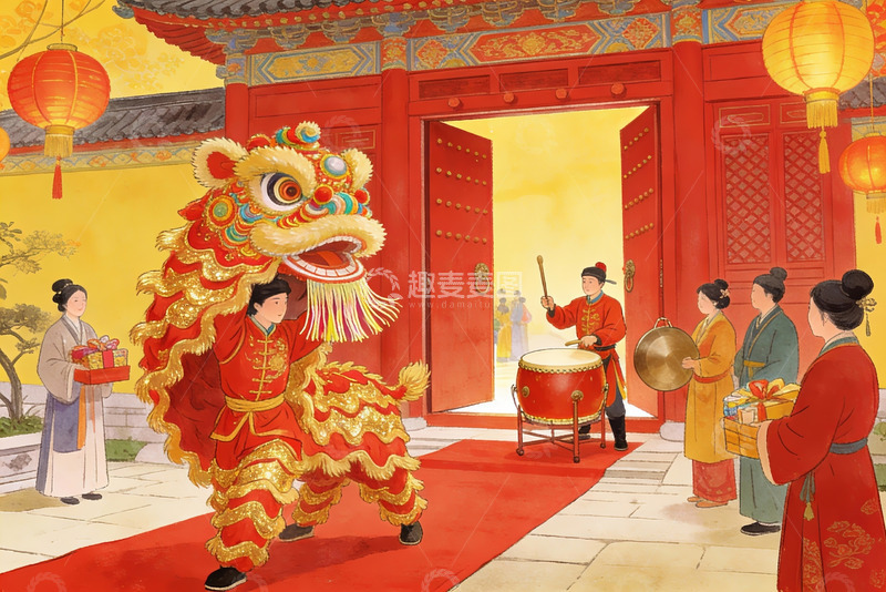 高清大图下载【趣麦麦图】传统舞狮迎新春场景