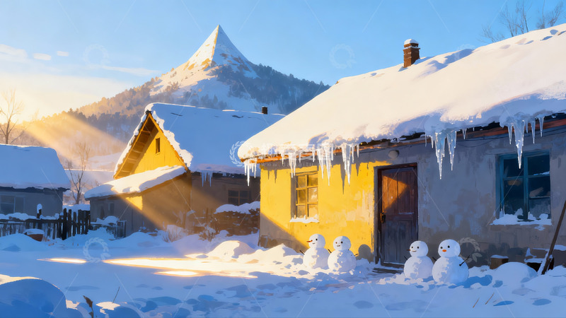 高清大图下载【趣麦麦图】雪后村庄晨曦景色