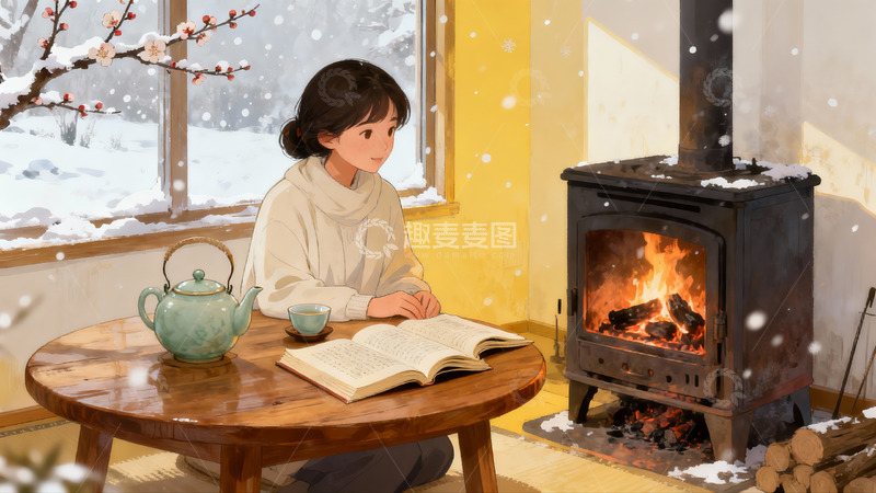 高清大图下载【趣麦麦图】冬日暖炉旁阅读的女子