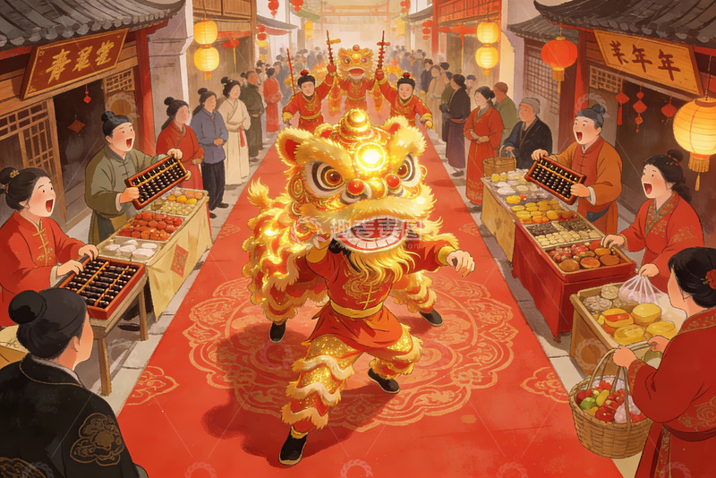 高清大图下载【趣麦麦图】热闹街市舞狮表演欢庆场景