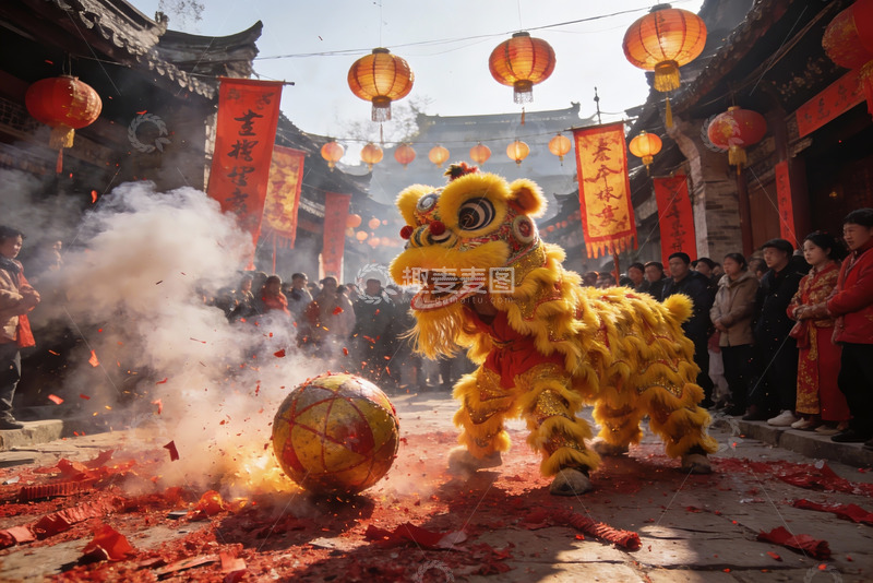 高清大图下载【趣麦麦图】舞狮表演热闹非凡