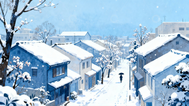 高清大图下载【趣麦麦图】雪后小镇街景行人漫步