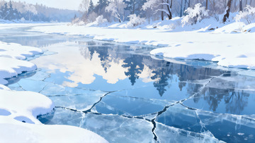 冰封河流雪景静谧如画