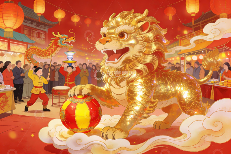 高清大图下载【趣麦麦图】春节舞狮热闹场景