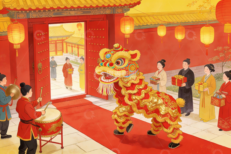 高清大图下载【趣麦麦图】传统舞狮迎宾场景