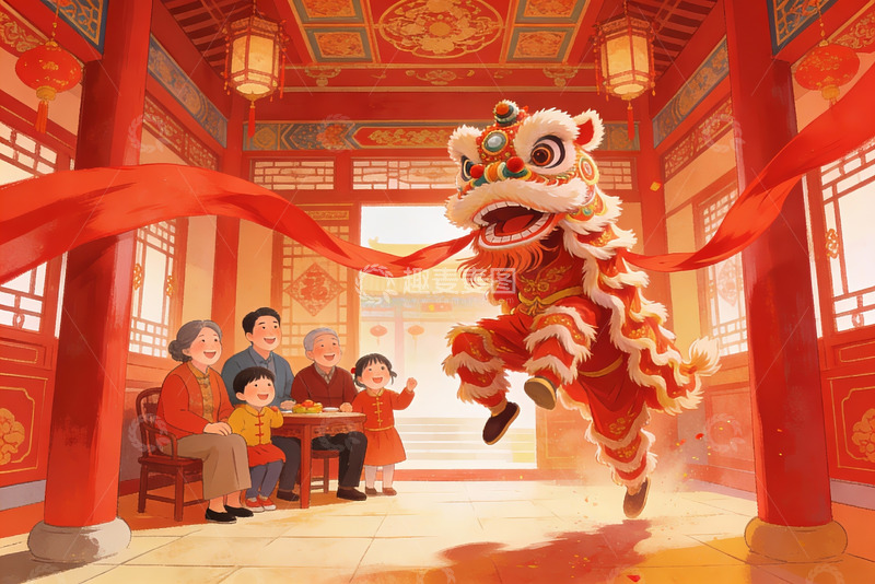 高清大图下载【趣麦麦图】春节舞狮家庭欢聚场景