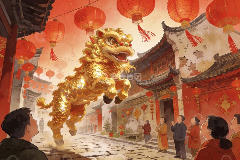 高清大图下载【趣麦麦图】金狮舞动迎新春