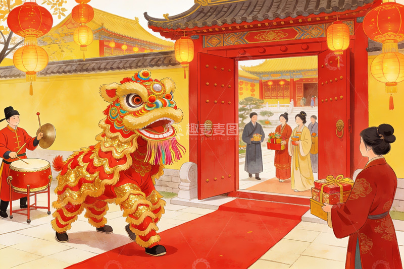 高清大图下载【趣麦麦图】春节舞狮迎宾热闹场景