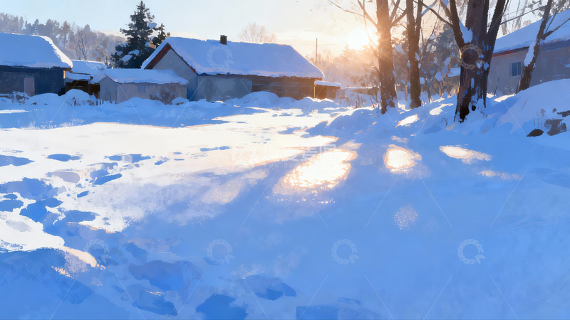 高清大图下载【趣麦麦图】雪后村庄日出景象