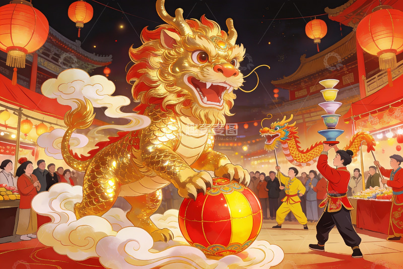 高清大图下载【趣麦麦图】夜市舞狮热闹非凡