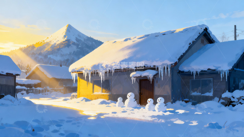 高清大图下载【趣麦麦图】雪后小屋与雪人冬景