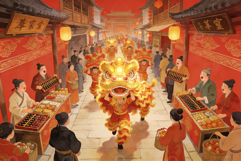 高清大图下载【趣麦麦图】古代街市舞狮热闹场景