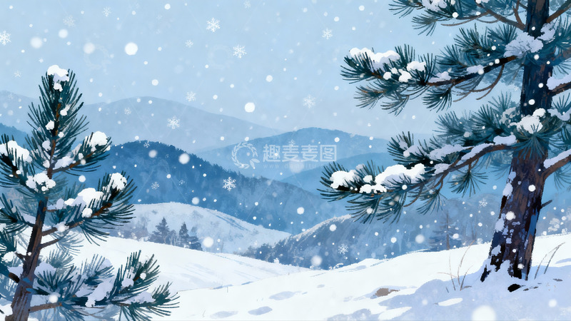 高清大图下载【趣麦麦图】雪落松林山景冬日画卷