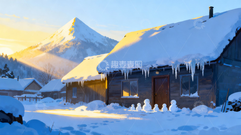 高清大图下载【趣麦麦图】雪后木屋与雪山日出美景