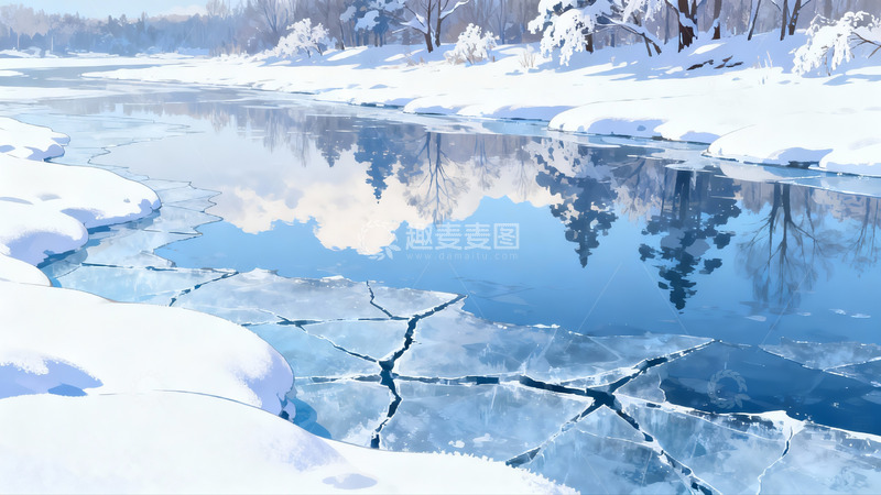 高清大图下载【趣麦麦图】冰封河流雪景静谧冬日