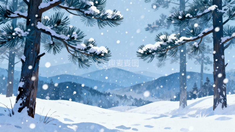 高清大图下载【趣麦麦图】雪落松林山景冬日画卷