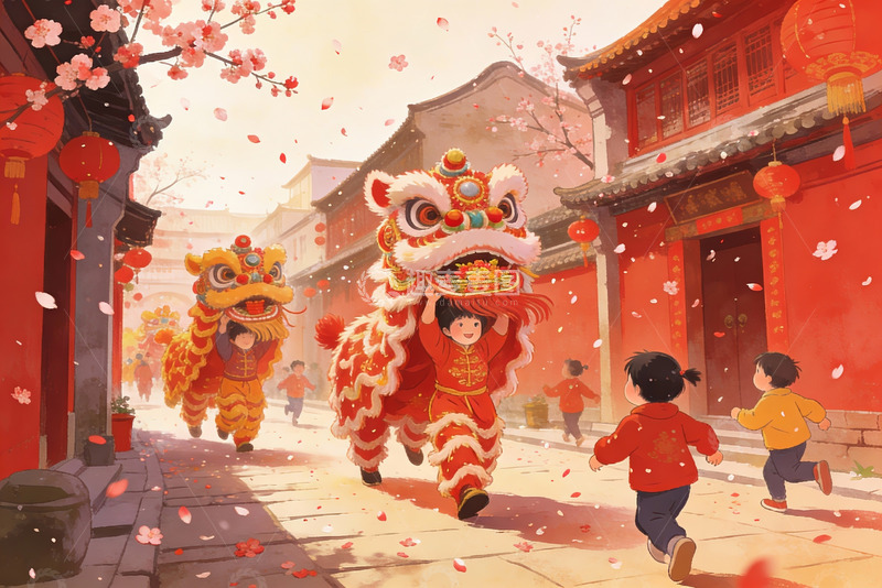 高清大图下载【趣麦麦图】春节舞狮街头欢庆场景