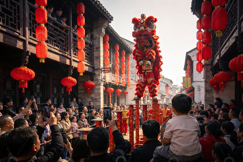 高清大图下载【趣麦麦图】街头舞狮表演热闹非凡