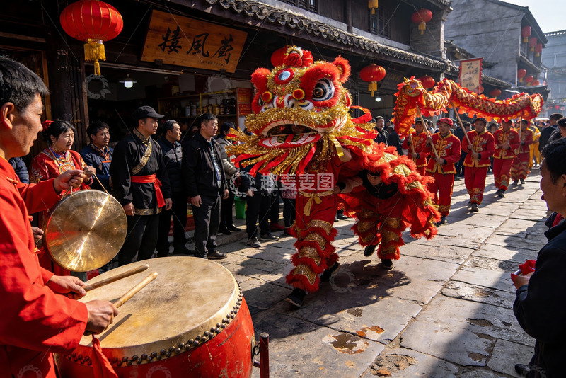 高清大图下载【趣麦麦图】街头舞狮表演热闹非凡