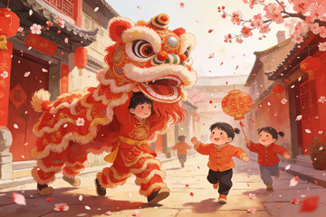 孩童舞狮欢庆节日街景