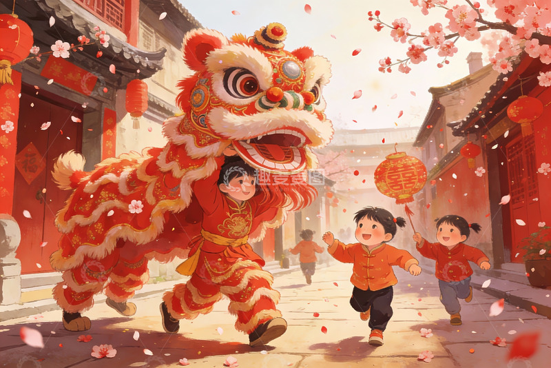 高清大图下载【趣麦麦图】孩童舞狮欢庆节日街景